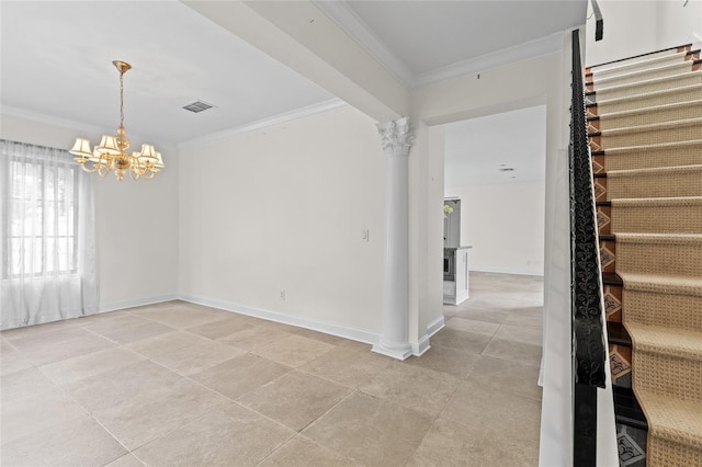 1047 Banks Rose St, Kissimmee, FL 34747 - empty room featuring a chandelier, crown molding, baseboards, light tile patterned floors, and stairs