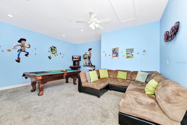 4416 Acorn Ct, Davenport, FL 33837 - recreation room with ceiling fan, carpet floors, billiards table, recessed lighting, and baseboards