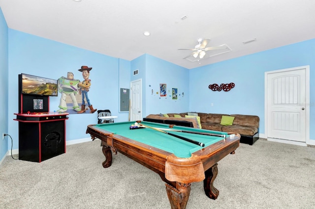 4416 Acorn Ct, Davenport, FL 33837 - recreation room featuring carpet floors, billiards, a ceiling fan, baseboards, and electric panel