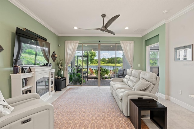 3428 Sagebrush St, Saint Cloud, FL 34773 - living room with ornamental molding, ceiling fan, a water view, healthy amount of natural light, and recessed lighting