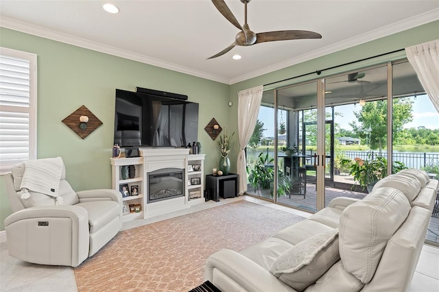3428 Sagebrush St, Saint Cloud, FL 34773 - living area with a ceiling fan, crown molding, recessed lighting, and a glass covered fireplace