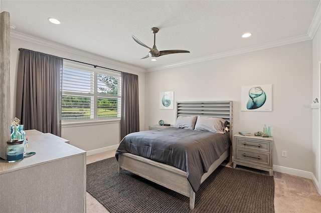 3428 Sagebrush St, Saint Cloud, FL 34773 - bedroom with light colored carpet, baseboards, ornamental molding, recessed lighting, and ceiling fan