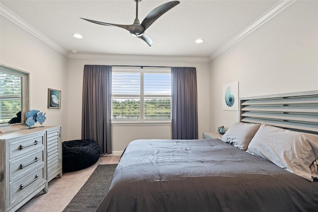 3428 Sagebrush St, Saint Cloud, FL 34773 - bedroom featuring light carpet, crown molding, recessed lighting, a ceiling fan, and a textured ceiling