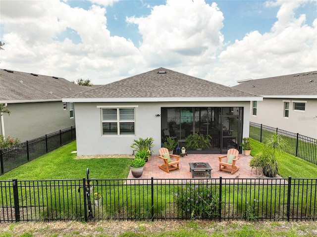3428 Sagebrush St, Saint Cloud, FL 34773 - rear view of property with a patio area, roof with shingles, stucco siding, and a fire pit