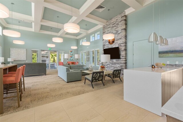 3428 Sagebrush St, Saint Cloud, FL 34773 - tiled living area with a high ceiling, coffered ceiling, and beamed ceiling