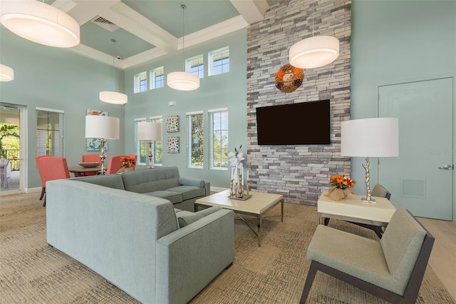 3428 Sagebrush St, Saint Cloud, FL 34773 - living room with a high ceiling, coffered ceiling, beamed ceiling, and baseboards