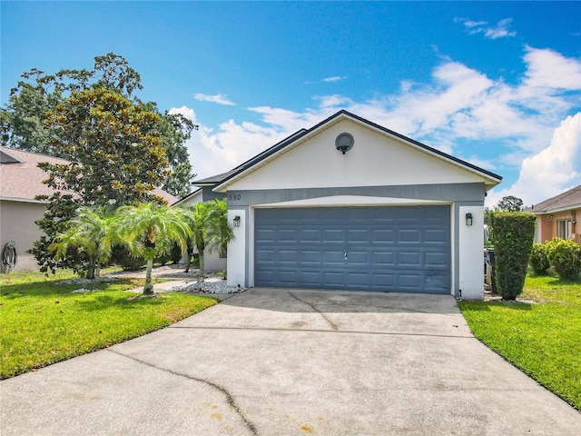 550 Canary Island Cir, Davenport, FL 33837 - ranch-style house featuring a front lawn, concrete driveway, stucco siding, and a garage