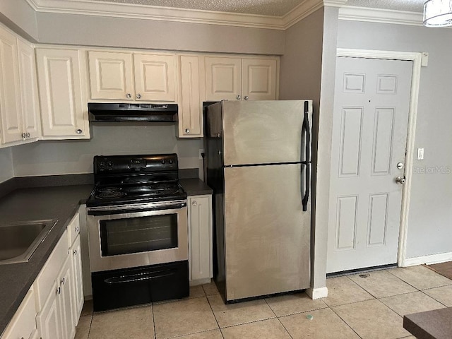 kitchen featuring under cabinet range hood, stainless steel appliances, dark countertops, light tile patterned floors, and a textured ceiling