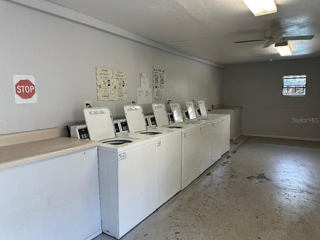 shared laundry room featuring washer and dryer and a ceiling fan
