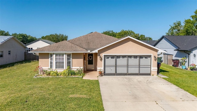 ranch-style house with stucco siding, a garage, a front lawn, driveway, and roof with shingles
