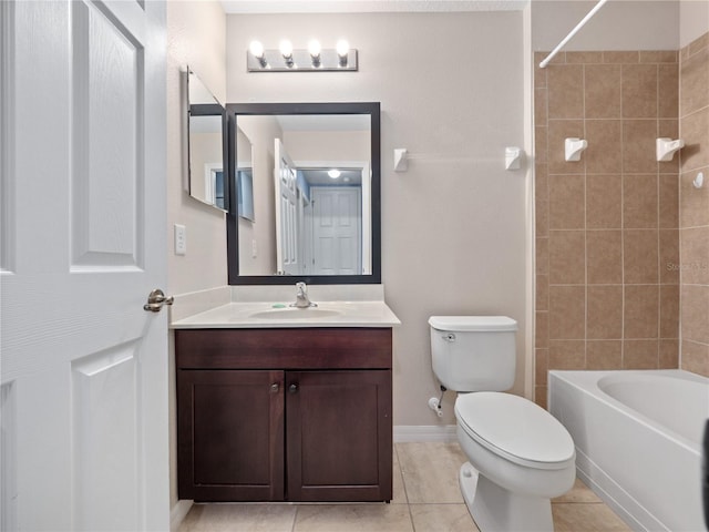 full bathroom with toilet, tile patterned flooring, vanity, washtub / shower combination, and baseboards
