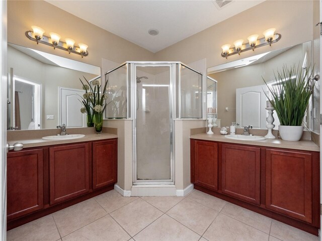 full bath with tile patterned flooring, a shower stall, and vanity