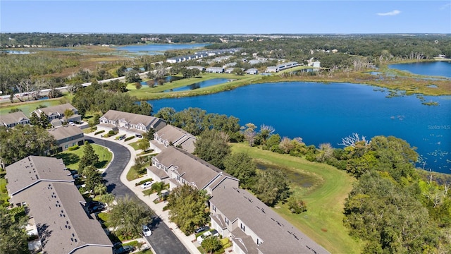 aerial view of residential area featuring a large body of water