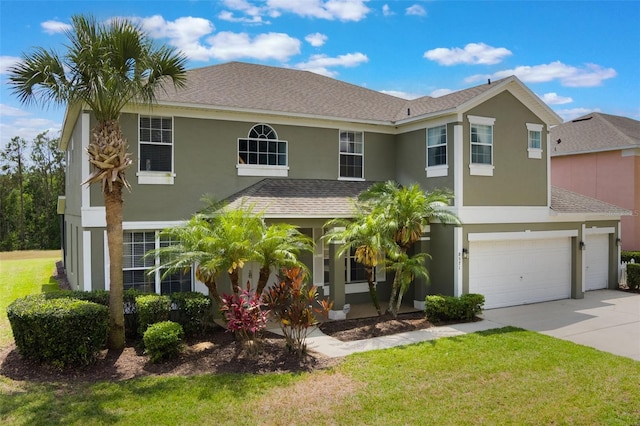 8571 La Isla Dr, Kissimmee, FL 34747 - view of front of house featuring stucco siding, concrete driveway, a shingled roof, and a front lawn