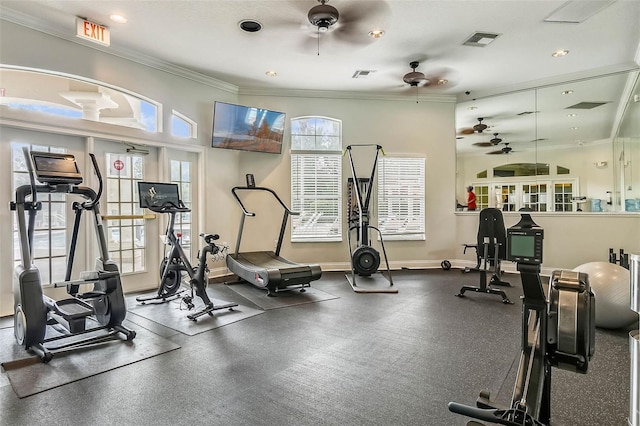 8571 La Isla Dr, Kissimmee, FL 34747 - exercise room with a ceiling fan, crown molding, plenty of natural light, and recessed lighting