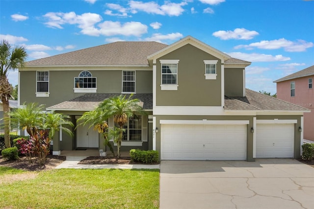 8571 La Isla Dr, Kissimmee, FL 34747 - traditional-style house with stucco siding, concrete driveway, a shingled roof, and a front yard