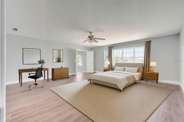 5768 Los Palma Vista Dr, Orlando, FL 32837 - bedroom with light wood-type flooring, baseboards, a textured ceiling, a desk, and ceiling fan