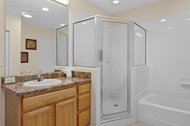 3060 Pirates Retreat Ct Unit 309, Kissimmee, FL 34747 - bathroom featuring a shower with shower door, vanity, a bathtub, and recessed lighting