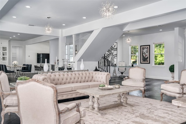 423 Arbor Cir, Celebration, FL 34747 - living area featuring a chandelier, recessed lighting, stairway, and baseboards