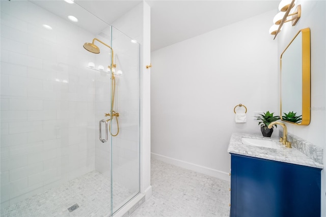 423 Arbor Cir, Celebration, FL 34747 - bathroom featuring a stall shower, vanity, baseboards, and recessed lighting