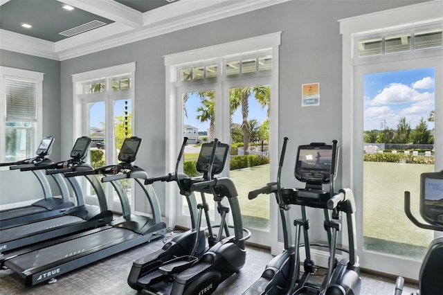 workout area with crown molding, baseboards, french doors, beam ceiling, and coffered ceiling