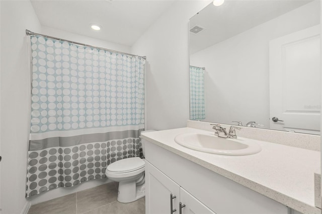 bathroom with toilet, tile patterned floors, vanity, and a shower with curtain