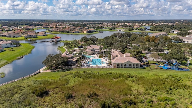 aerial perspective of suburban area with a nearby body of water and a pool area