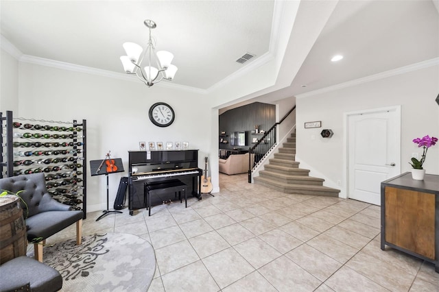 sitting room featuring stairway, ornamental molding, a chandelier, light tile patterned flooring, and baseboards
