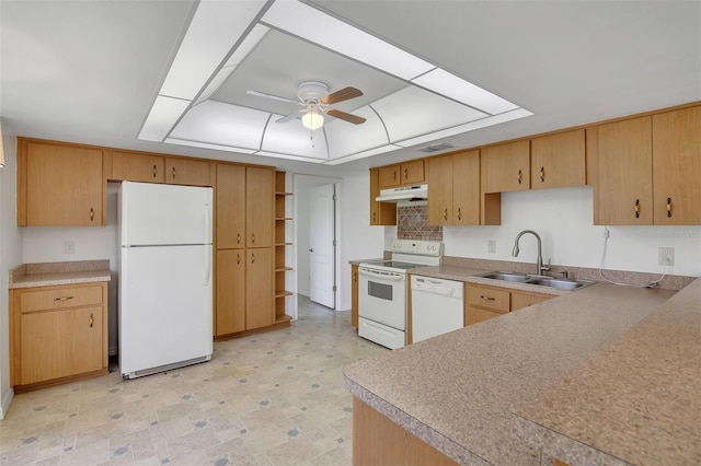 14091 SW 32nd Terrace Rd, Ocala, FL 34473 - kitchen featuring white appliances, under cabinet range hood, a ceiling fan, a tray ceiling, and open shelves
