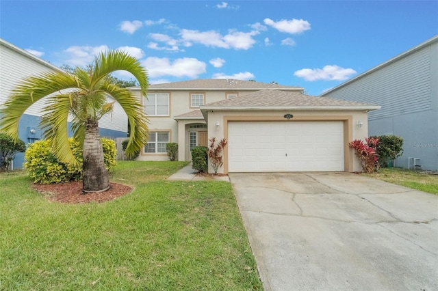 4630 Elena Way, Melbourne, FL 32934 - view of front facade featuring stucco siding, a garage, concrete driveway, a front yard, and a shingled roof