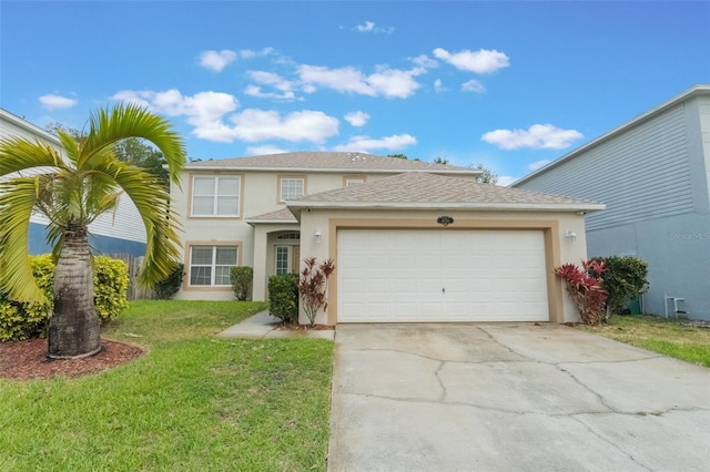 4630 Elena Way, Melbourne, FL 32934 - traditional-style home featuring stucco siding, driveway, an attached garage, a front yard, and roof with shingles