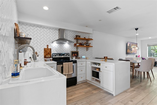 5234 Eaglesmere Dr Unit D04, Orlando, FL 32819 - kitchen featuring wall chimney range hood, stainless steel range with electric stovetop, open shelves, backsplash, and a peninsula