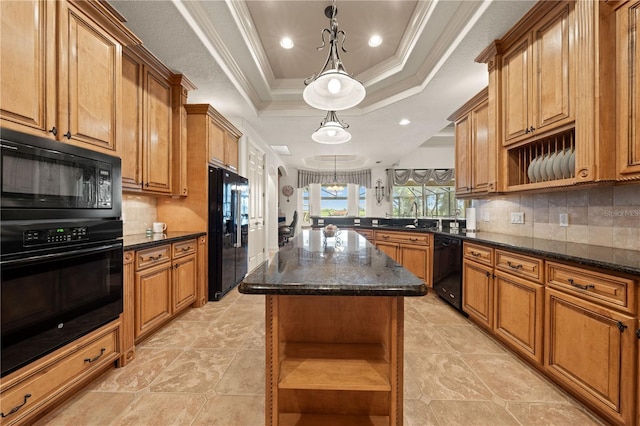 1654 Marina Lake Dr, Kissimmee, FL 34744 - kitchen with open shelves, black appliances, brown cabinets, a kitchen island, and recessed lighting