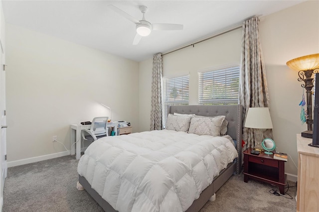 bedroom featuring carpet, baseboards, and ceiling fan