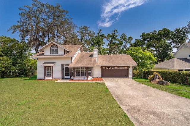 traditional-style house with an attached garage, driveway, a chimney, a front yard, and roof with shingles
