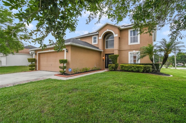 102 Royalty Cir, Sanford, FL 32771 - traditional-style home featuring a garage, solar panels, driveway, a front yard, and stucco siding