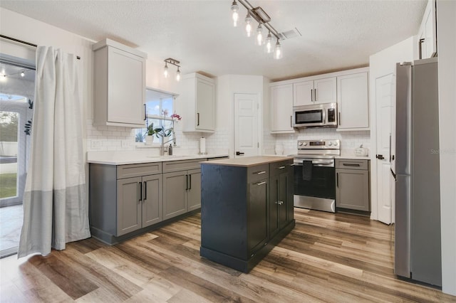 102 Royalty Cir, Sanford, FL 32771 - kitchen with stainless steel appliances, light wood finished floors, healthy amount of natural light, and a textured ceiling