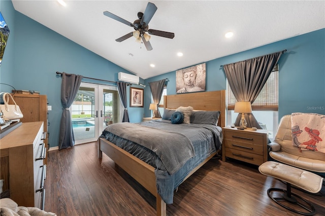 bedroom with french doors, access to outside, dark wood-style flooring, recessed lighting, and an AC wall unit
