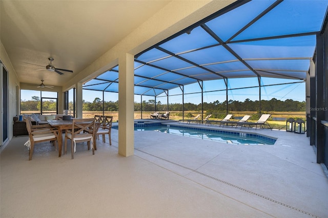 389 Yellow Snapdragon Dr, Davenport, FL 33837 - view of pool with a patio area, a pool with connected hot tub, a ceiling fan, and a lanai