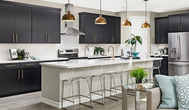 kitchen with appliances with stainless steel finishes, dark cabinets, a sink, light wood finished floors, and light countertops