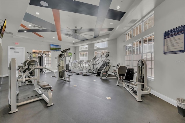 3015 Yellow Lantana Ln, Kissimmee, FL 34747 - workout area featuring ceiling fan, baseboards, recessed lighting, and a towering ceiling