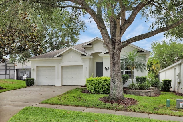ranch-style home with an attached garage, concrete driveway, stucco siding, roof with shingles, and a front lawn