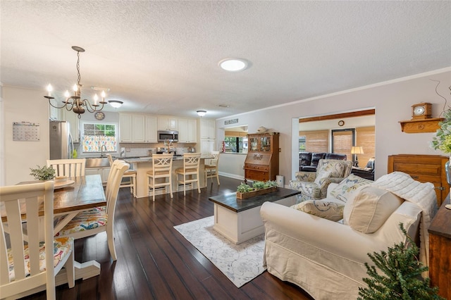 living area with a textured ceiling, a chandelier, dark wood finished floors, and crown molding