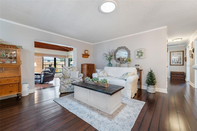 living room with dark wood-style floors, ornamental molding, a textured ceiling, and baseboards