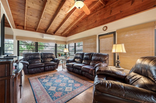 living room with an AC wall unit, beam ceiling, wooden ceiling, wood finished floors, and a ceiling fan