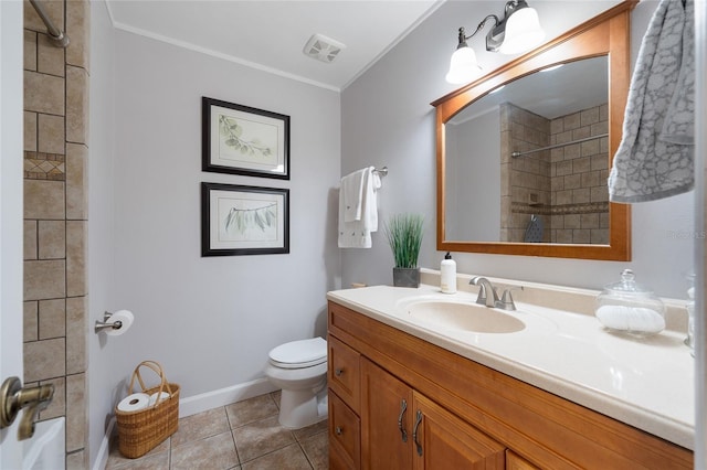 full bath featuring tiled shower, toilet, tile patterned flooring, crown molding, and vanity