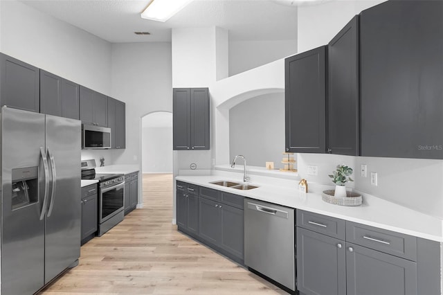 kitchen with stainless steel appliances, arched walkways, a sink, light countertops, and high vaulted ceiling