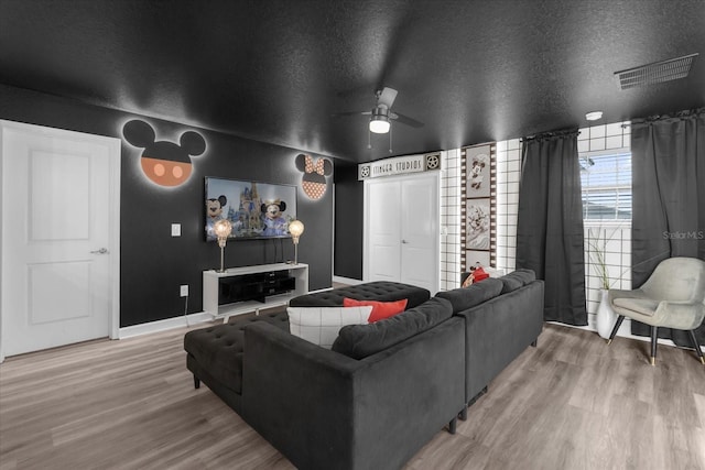 9020 Stinger Dr, Davenport, FL 33896 - living room featuring light wood finished floors, ceiling fan, a textured ceiling, and baseboards