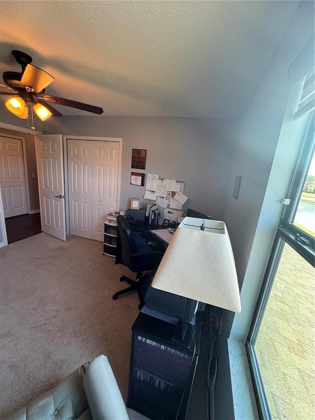 2289 Seven Oaks Dr, Saint Cloud, FL 34772 - carpeted home office with ceiling fan and a textured ceiling