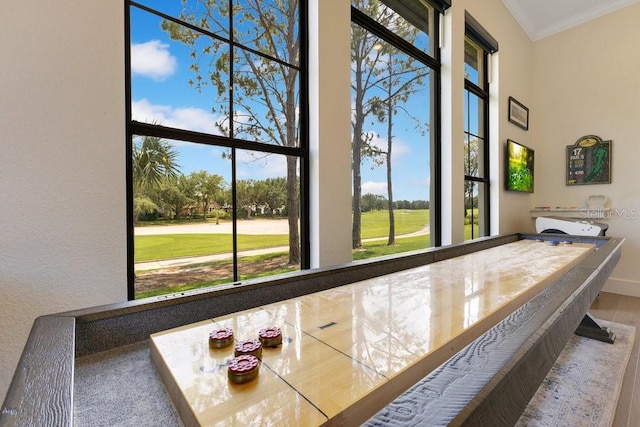 game room featuring healthy amount of natural light, ornamental molding, and a high ceiling
